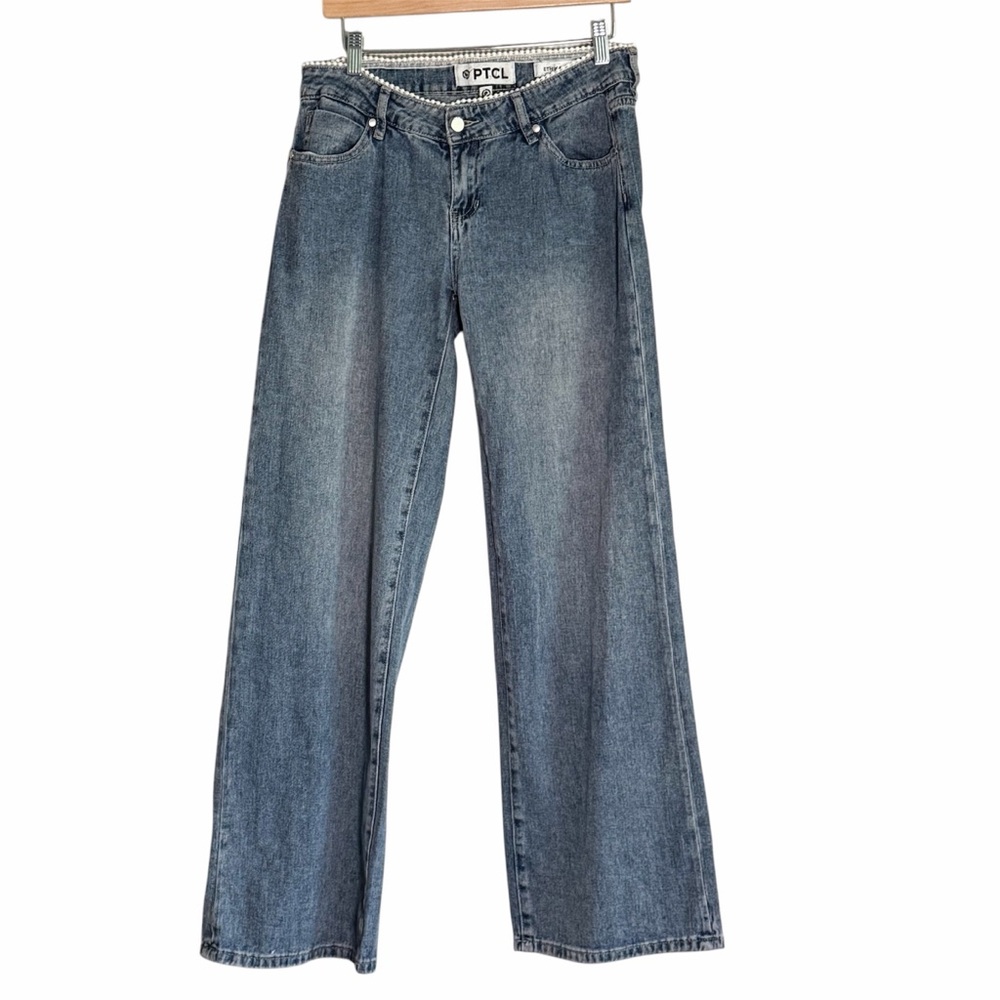 PTCL Pearl Waist Wide Leg Jeans 26 Low Rise Y2K Denim Cotton Blue - Picture 3 of 12